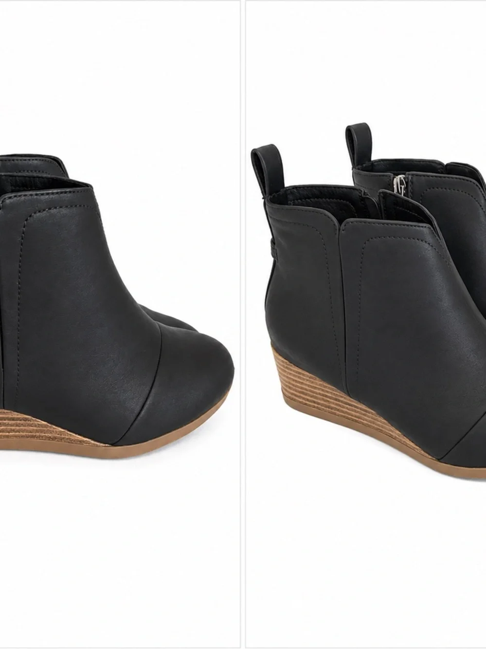 Toms Black Ankle Wedge Boots with Brown Wood-Look Heel